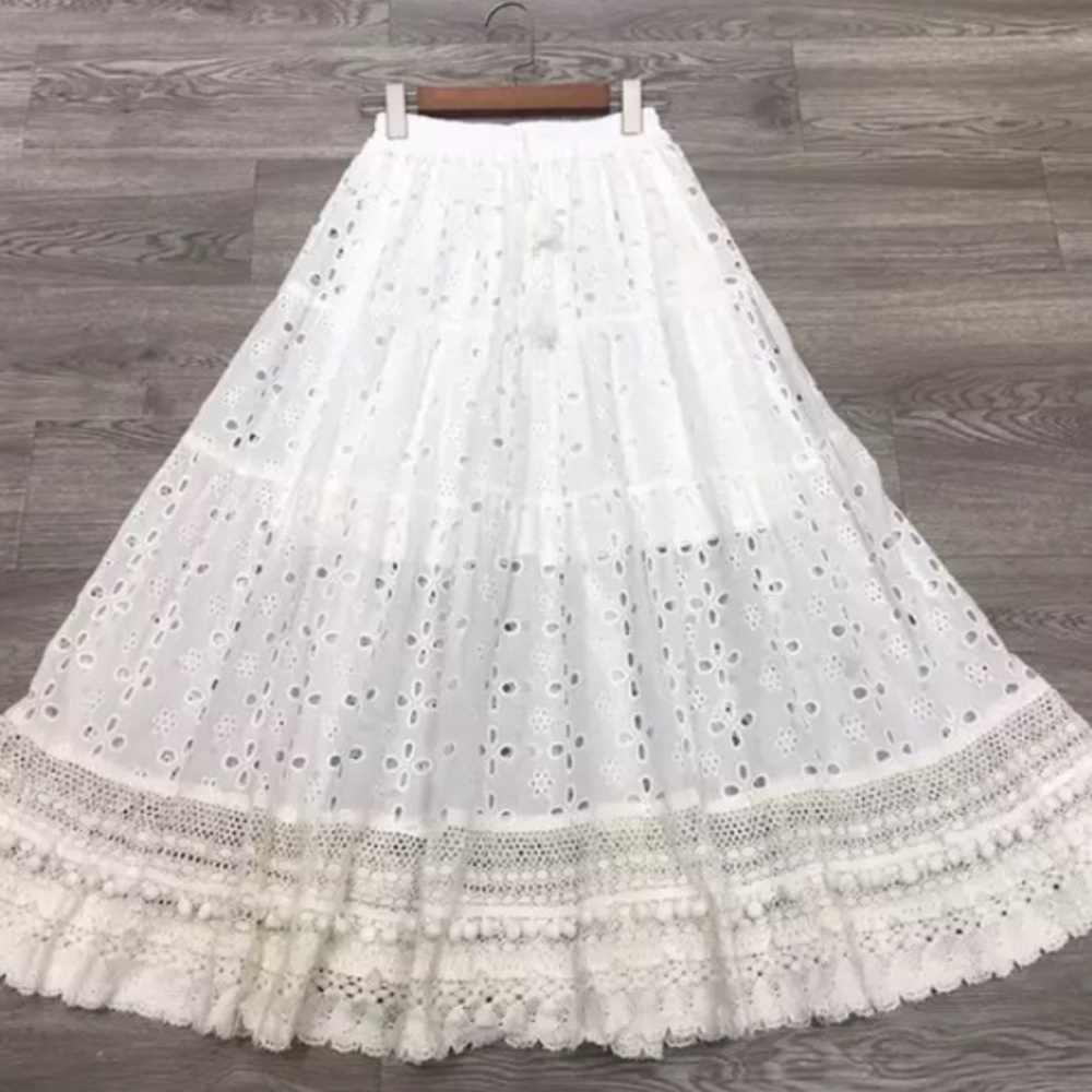 SOLD OUT White Eyelet Pompom Trim Tassel Boho Maxi Skirt - Picture 4 of 8